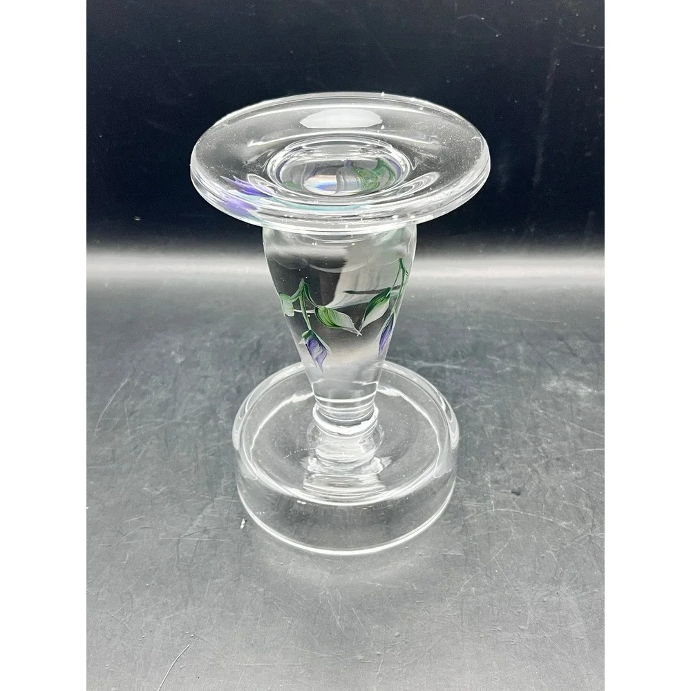Vintage Clear Glass‎ Pillar Candle Holder Pedestal w/ Purple Flowers 5.5